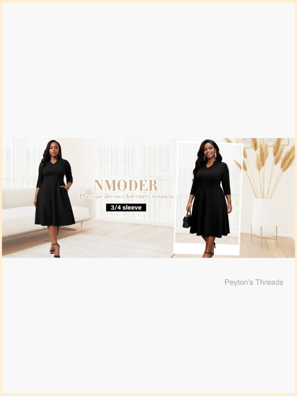 Plus Size 3/4 Sleeve V Neck Midi Dress with Pockets - Picture 7 of 7